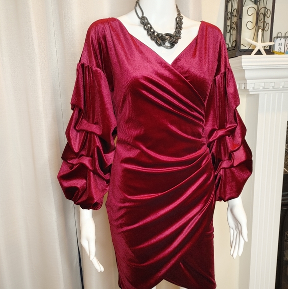 Velvet Ruched Draped Puff Exaggerated Sleeves Mini Dress, Burgundy L - Picture 5 of 10